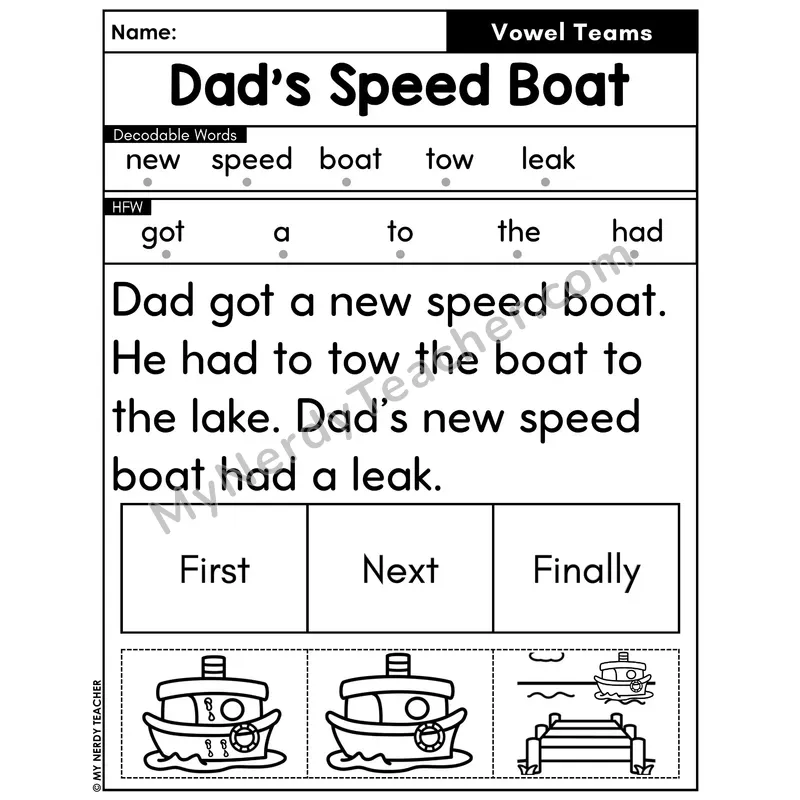 Vowel Teams Decodable Passage with Sequencing #45 — Dad's Speed Boat