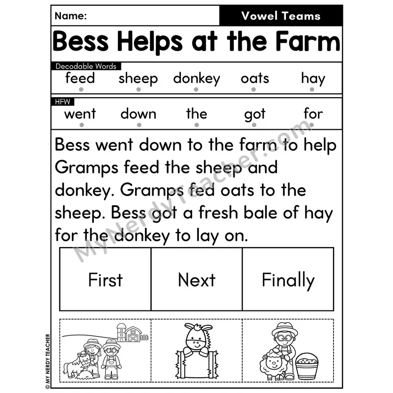 Vowel Teams Decodable Passage with Sequencing #41 — Bess Helps at the Farm