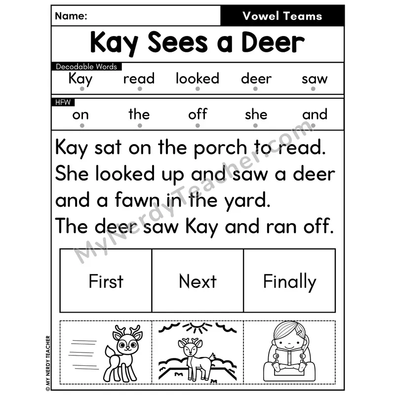Vowel Teams Decodable Passage with Sequencing #44 — Kay Sees a Deer