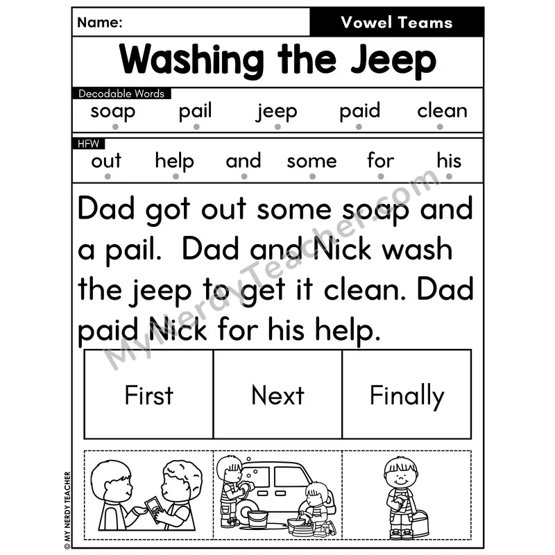 Vowel Teams Decodable Passage with Sequencing #40 — Washing the Jeep