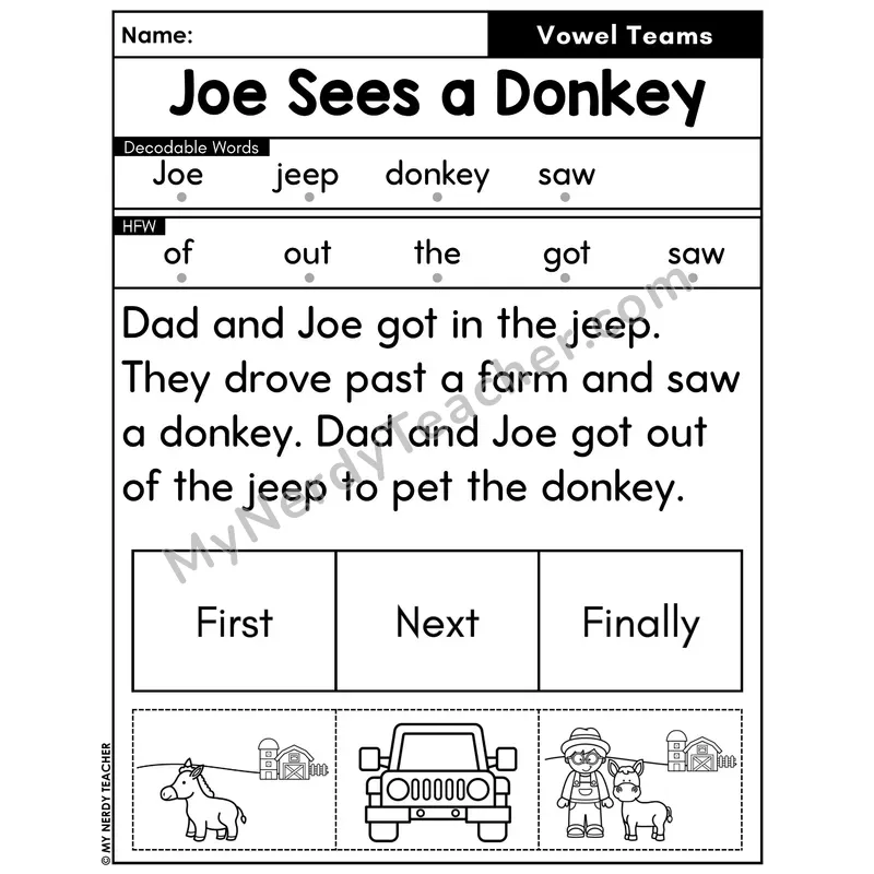 Vowel Teams Decodable Passage with Sequencing #38 — Joe Sees a Donkey