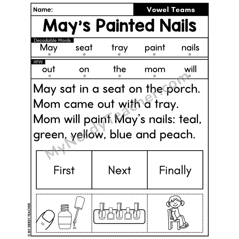 Vowel Teams Decodable Passage with Sequencing #37 — May's Painted Nails