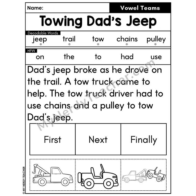 Vowel Teams Decodable Passage with Sequencing #34 — Towing Dad's Jeep