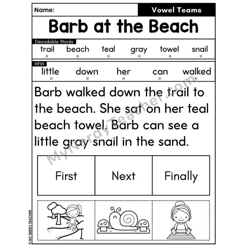 Vowel Teams Decodable Passage with Sequencing #32 — Barb at the Beach