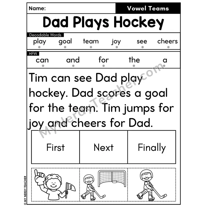 Vowel Teams Decodable Passage with Sequencing #33 — Dad Plays Hockey