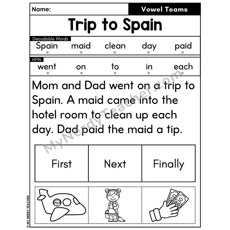 Vowel Teams Decodable Passage with Sequencing #35 — Trip to Spain