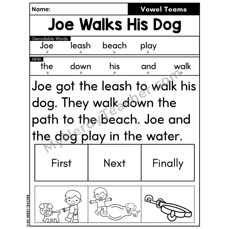 Vowel Teams Decodable Passage with Sequencing #30 — Joe Walks His Dog