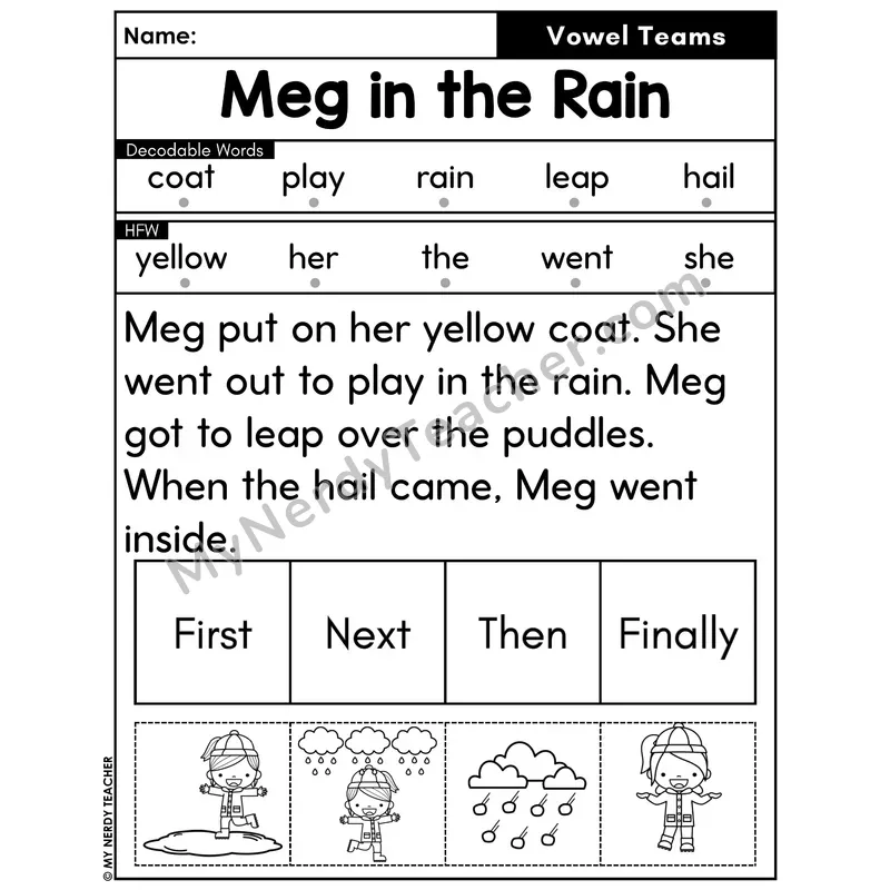 Vowel Teams Decodable Passage with Sequencing #31 — Meg in the Rain