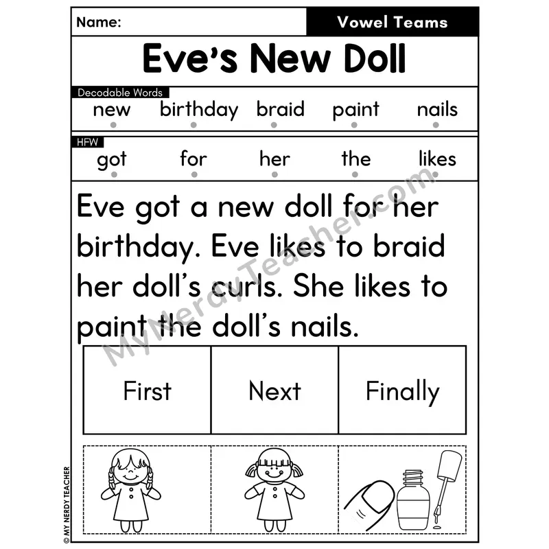 Vowel Teams Decodable Passage with Sequencing #25 — Eve's New Doll