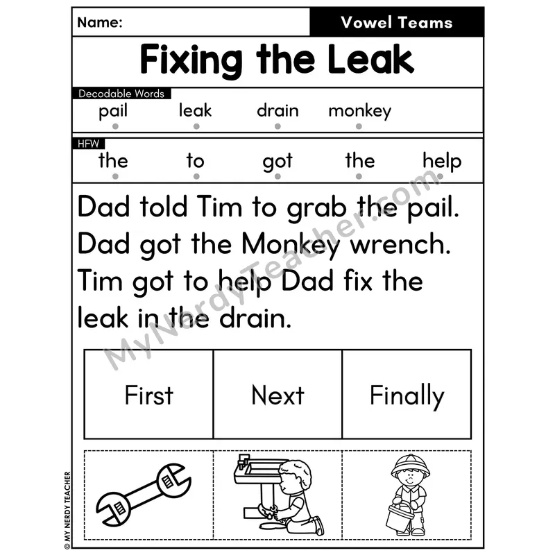 Vowel Teams Decodable Passage with Sequencing #24 — Fixing the Leak