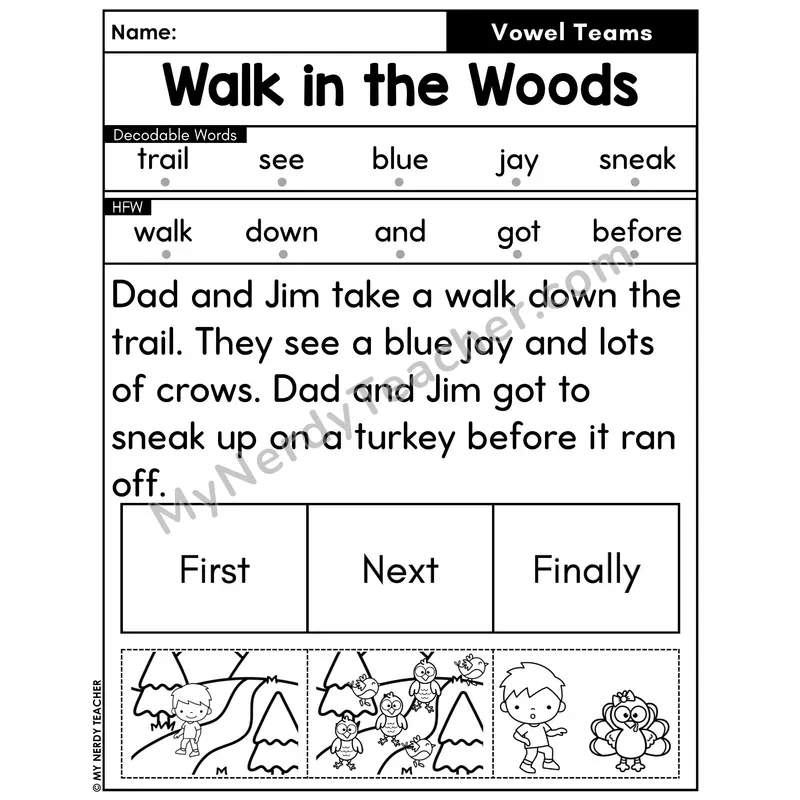 Vowel Teams Decodable Passage with Sequencing #22 — Walk in the Woods