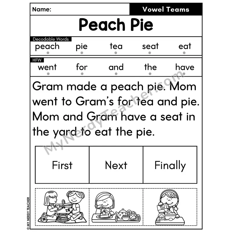 Vowel Teams Decodable Passage with Sequencing #21 — Peach Pie