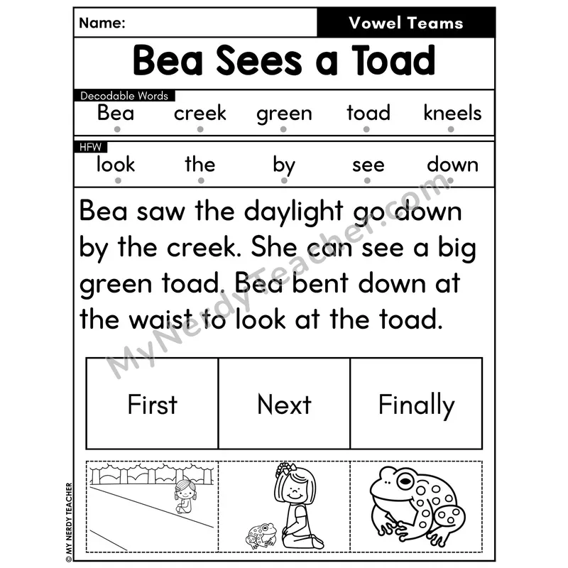 Vowel Teams Decodable Passage with Sequencing #20 — Bea Sees a Toad