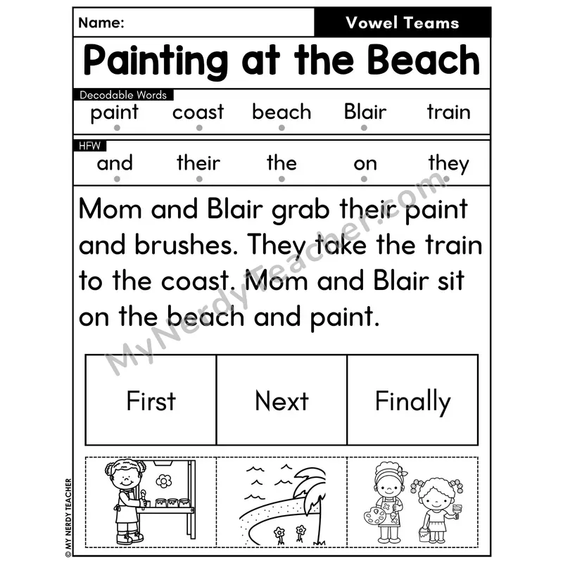 Vowel Teams Decodable Passage with Sequencing #19 — Painting at the Beach