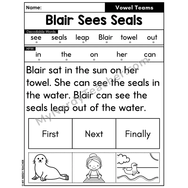 Vowel Teams Decodable Passage with Sequencing #16 — Blair Sees Seals