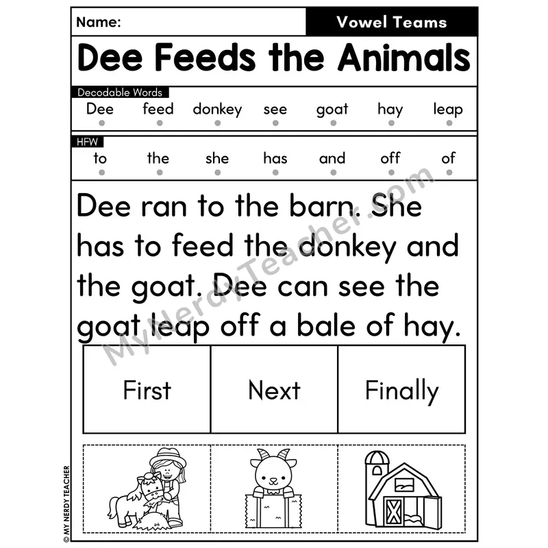 Vowel Teams Decodable Passage with Sequencing #17 — Dee Feeds the Animals