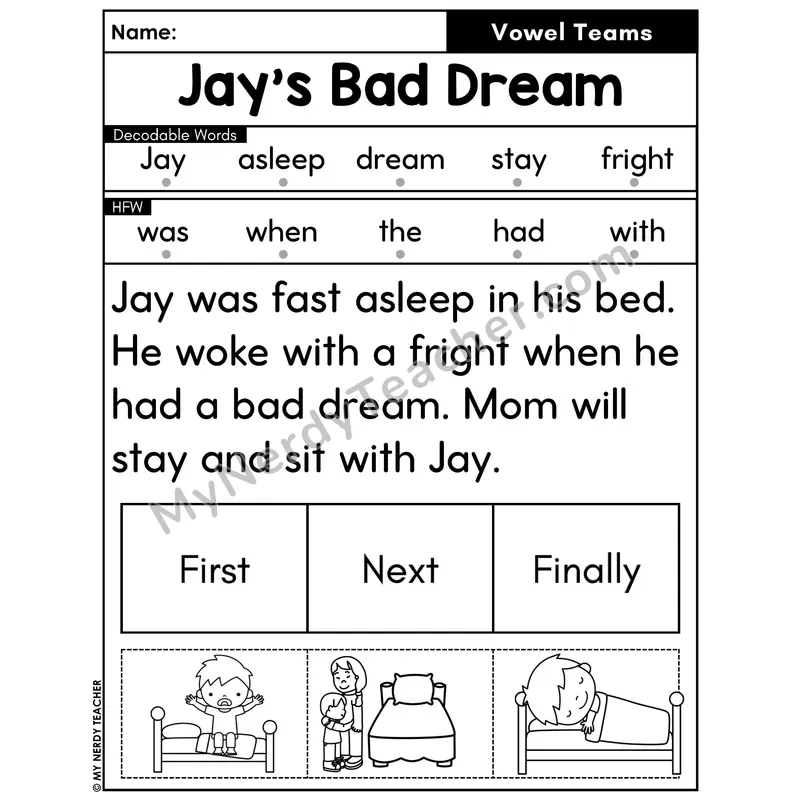Vowel Teams Decodable Passage with Sequencing #13 — Jay's Bad Dream