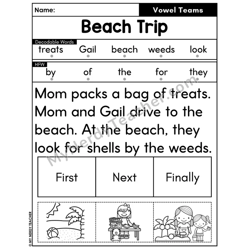 Vowel Teams Decodable Passage with Sequencing #15 — Beach Trip