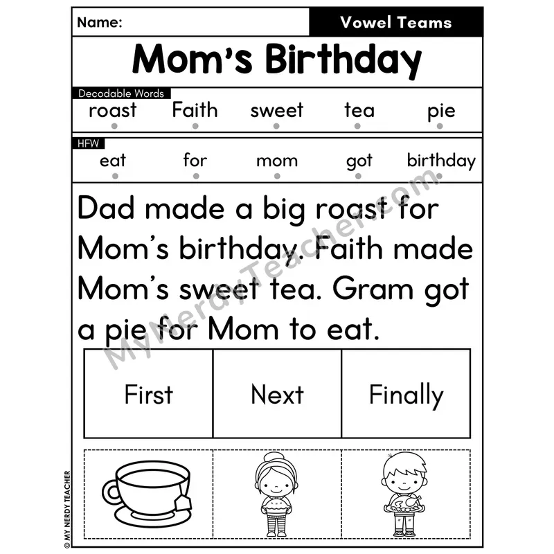 Vowel Teams Decodable Passage with Sequencing #11 — Mom's Birthday