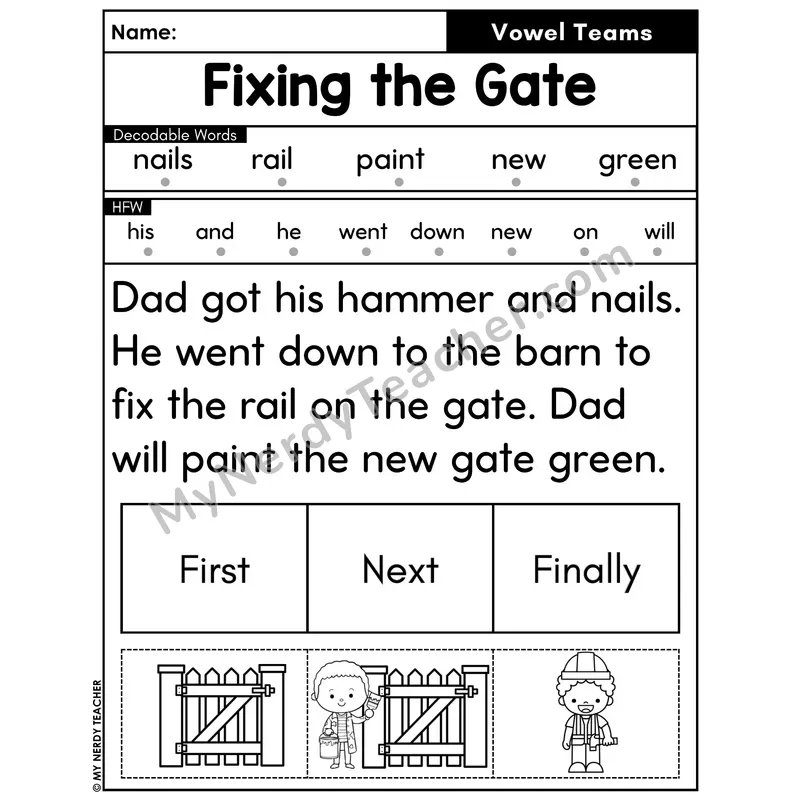 Vowel Teams Decodable Passage with Sequencing #8 — Fixing the Gate