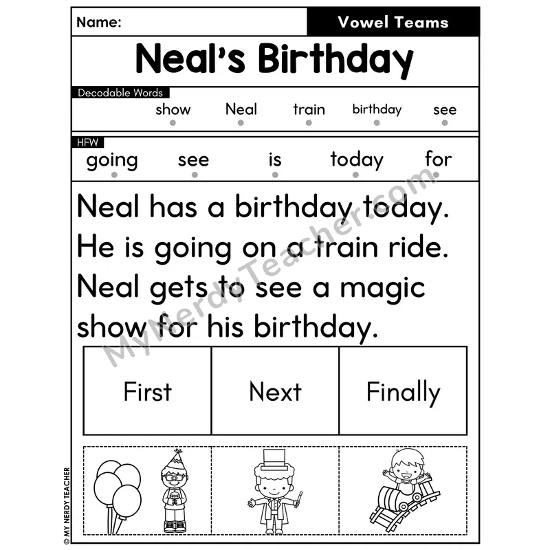 Vowel Teams Decodable Passage with Sequencing #3 — Neal's Birthday
