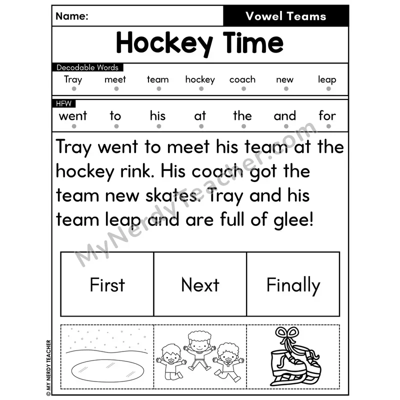 Vowel Teams Decodable Passage with Sequencing #5 — Hockey Time