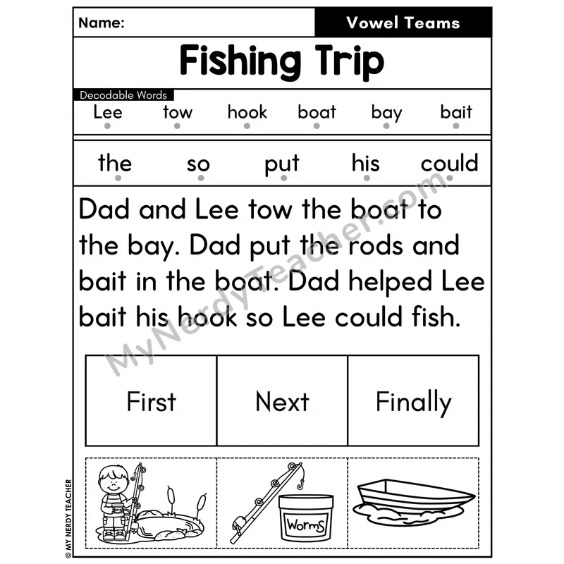 Vowel Teams Decodable Passage with Sequencing #4 — Fishing Trip