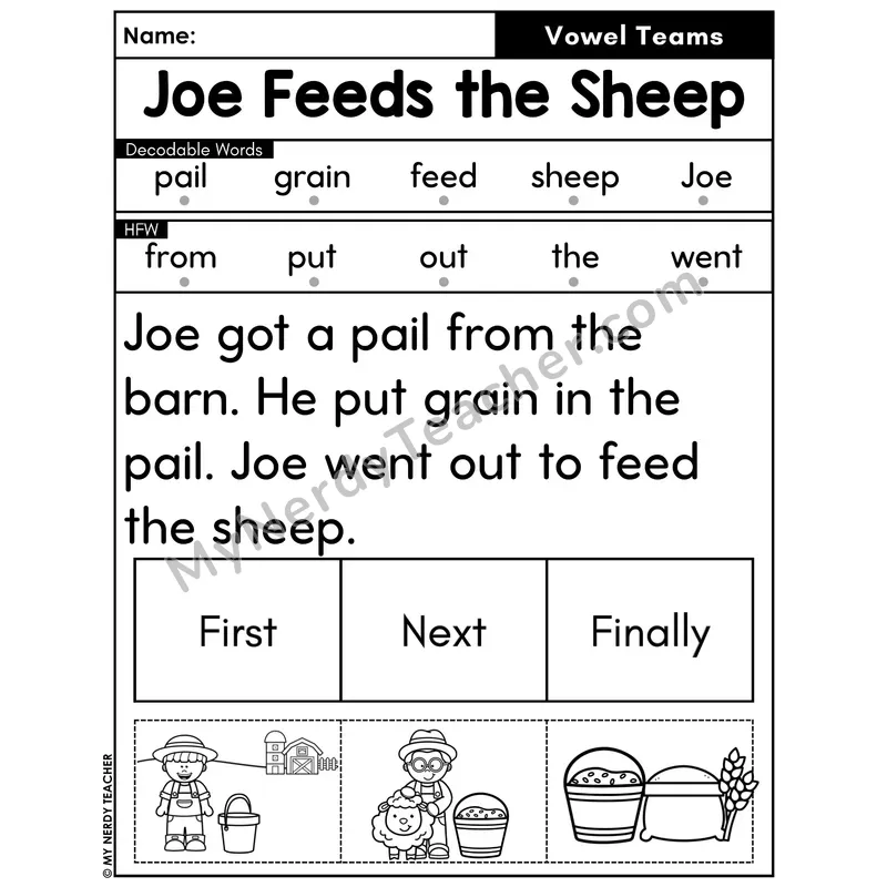 Vowel Teams Decodable Passage with Sequencing #1 — Joe Feeds the Sheep