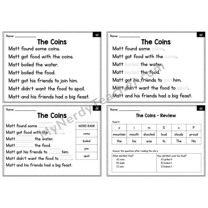 OI Diphthong Decodable Passage - The Coins