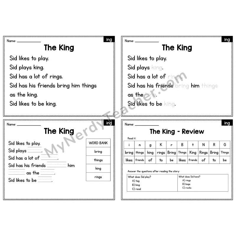 ING Word Family Decodable Passage - The King