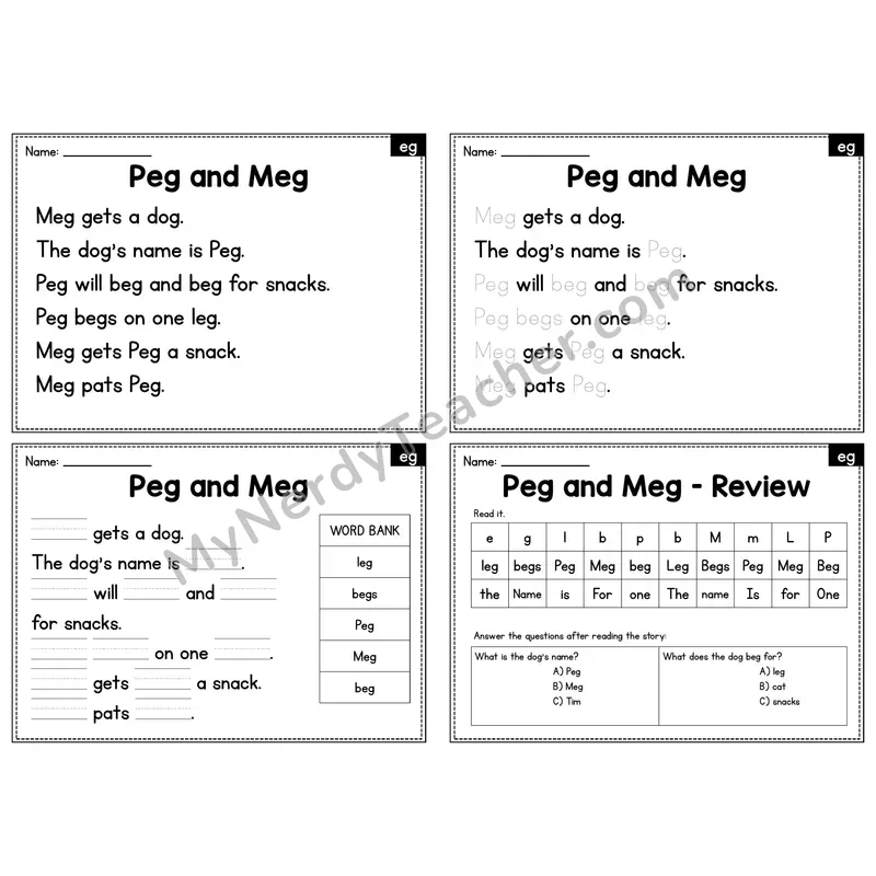 EG Word Family Decodable Passage - Peg and Meg