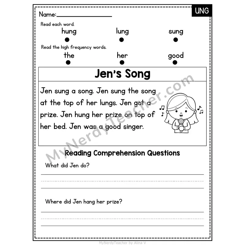 UNG Word Family Decodable Passage - Jen's Song
