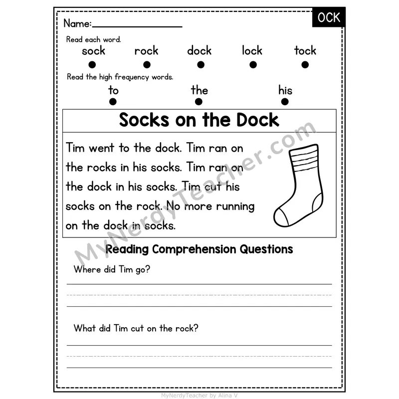 OCK Word Family Decodable Passage - Socks on the Dock