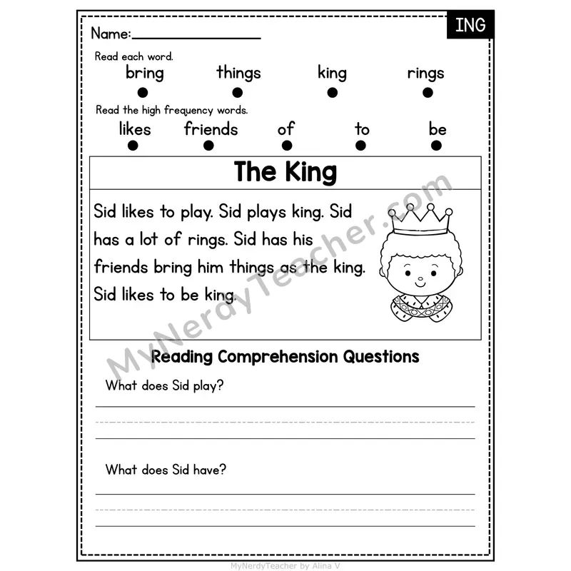 ING Word Family Decodable Passage - The King