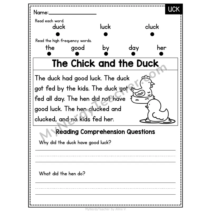 UCK Word Family Decodable Passage - The Chick and the Duck