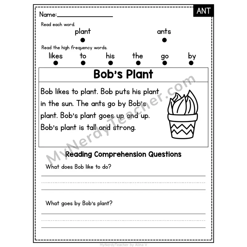 ANT Word Family Decodable Passage - Bob's Plant
