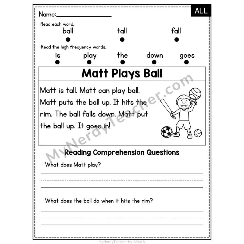 ALL Word Family Decodable Passage - Matt Plays Ball