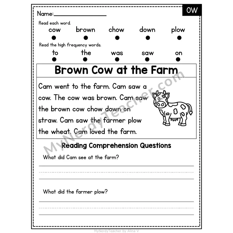 OW Diphthong Decodable Passage - Brown Cow at the Farm