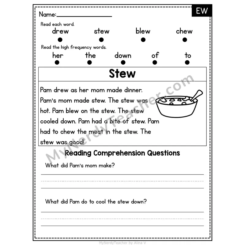 EW Vowel Team Decodable Passage - Stew