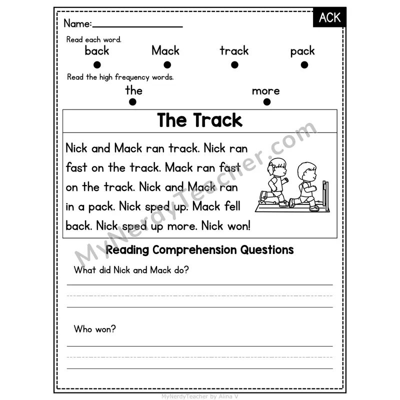ACK Word Family Decodable Passage - The Track
