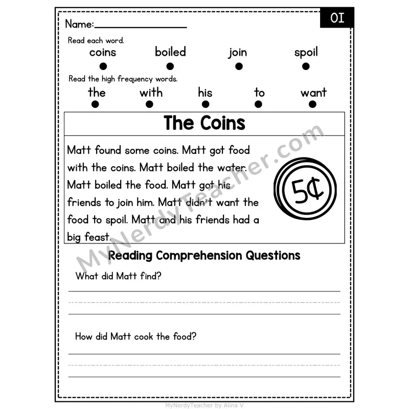 OI Diphthong Decodable Passage - The Coins