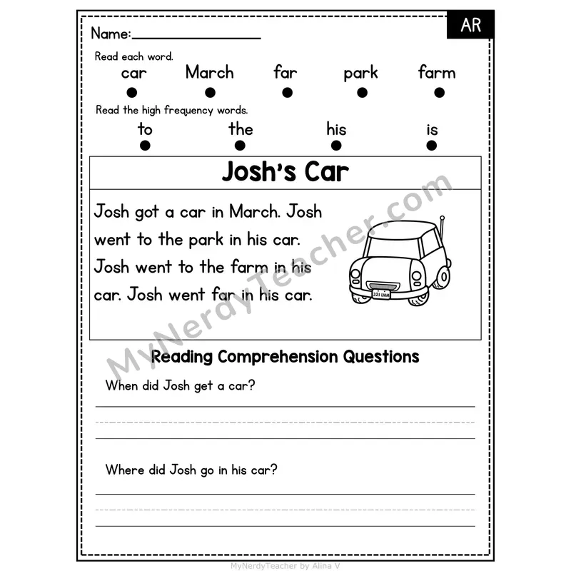 AR R-Controlled Vowel Decodable Passage - Josh's Car