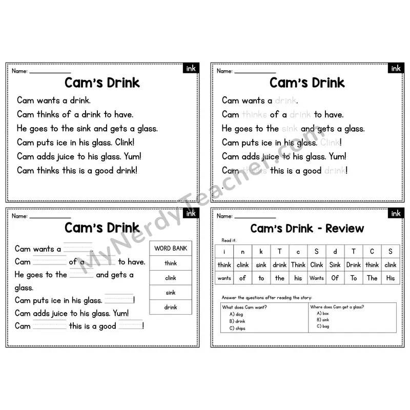 INK Word Family Decodable Passage - Cam's Drink