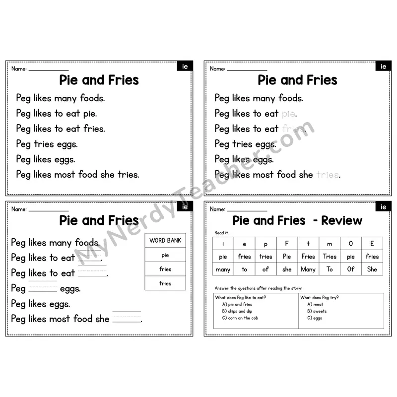 IE Vowel Team Decodable Passage - Pie and Fries