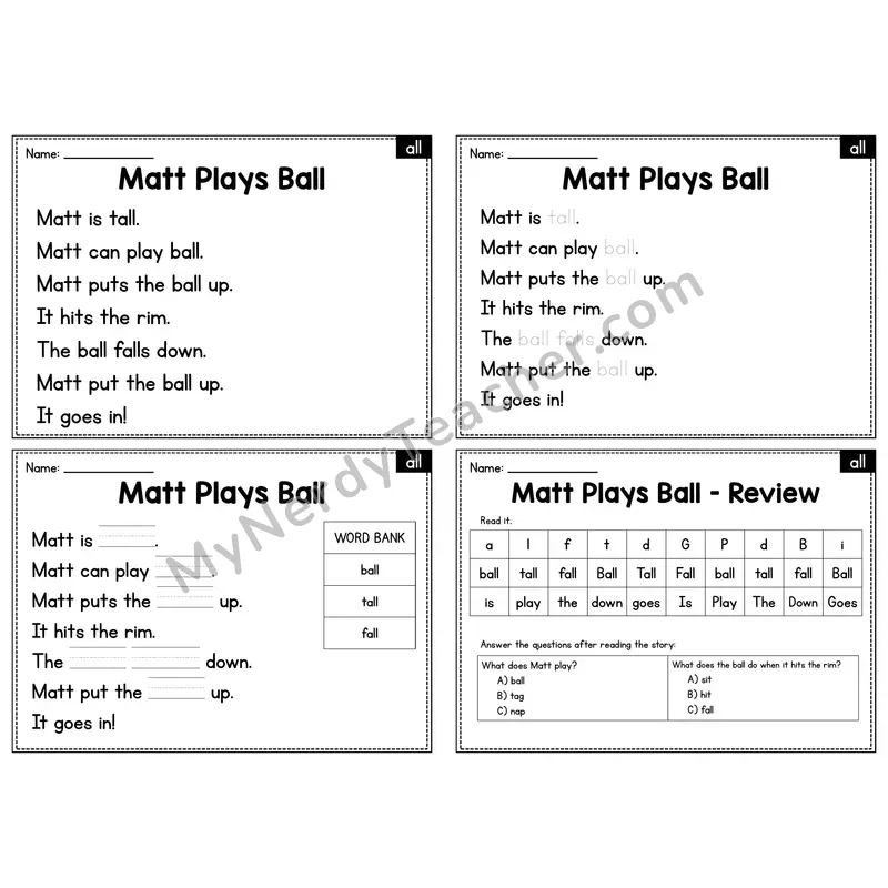 ALL Word Family Decodable Passage - Matt Plays Ball