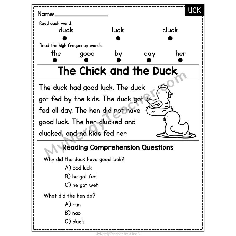 UCK Word Family Decodable Passage - The Chick and the Duck