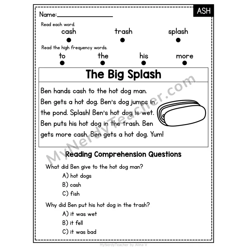 ASH Word Family Decodable Passage - The Big Splash