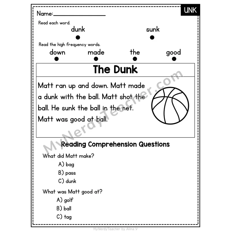 UNK Word Family Decodable Passage - The Dunk