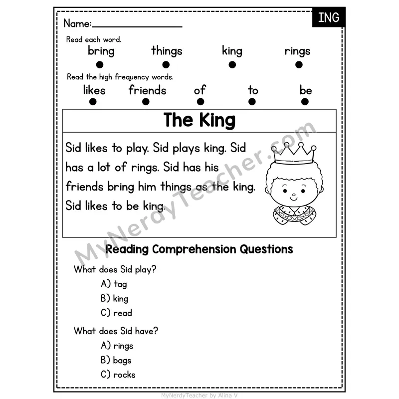 ING Word Family Decodable Passage - The King