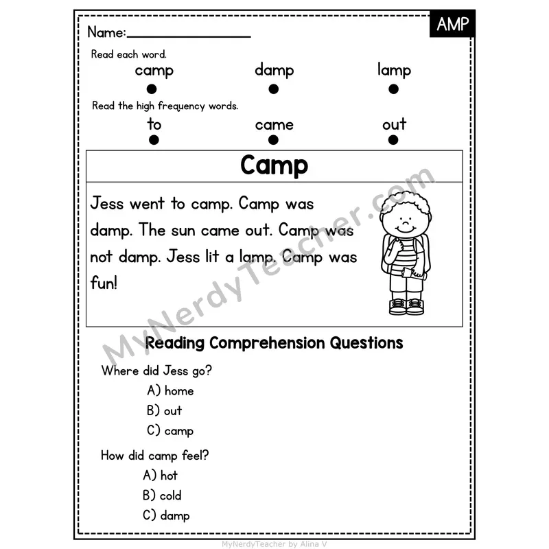 AMP Word Family Decodable Passage - Camp